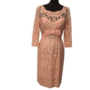A Norman Original 1950s Vintage Peach Coral Lace Bow Wiggle Dress Size Med/12?